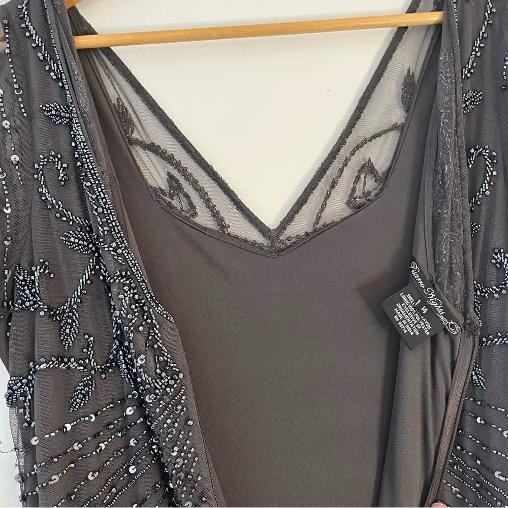 Pisarro Nights Beaded Long Short Sleeve Gown, Size 14, Charcoal Gray, NWT - Picture 11 of 11